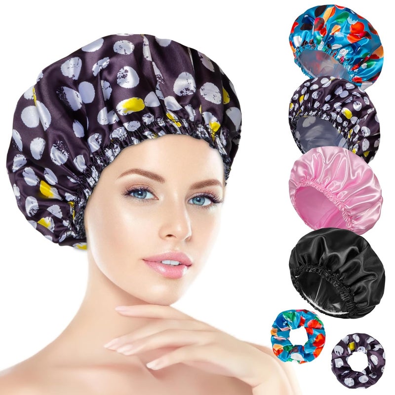 Happtiger Shower Cap for Women Set of 4, Bath Caps, Double Layers Hair Caps + 2 Satin Hair Scrunchies, Reusable Waterproof Shower Caps, Elastic Hair Cap for Shower - Pattern A - Image 1
